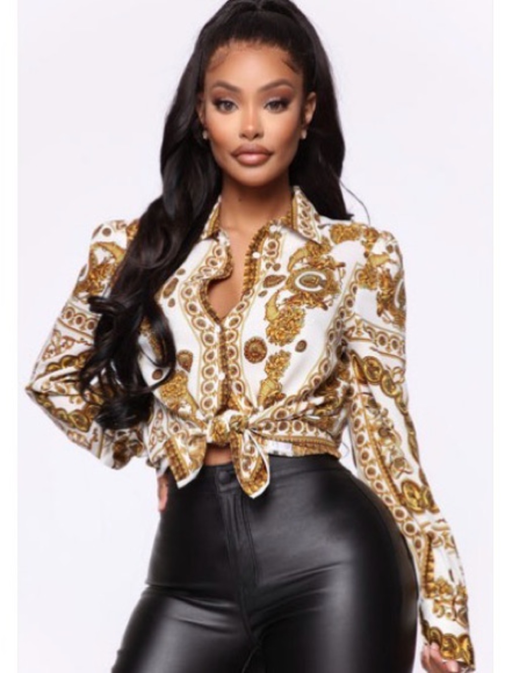 Fashion Nova White & Gold Baroque Knot-Front Blouse